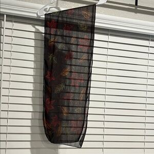 Source Unknown Black Scarf with Red and Brown Leaves